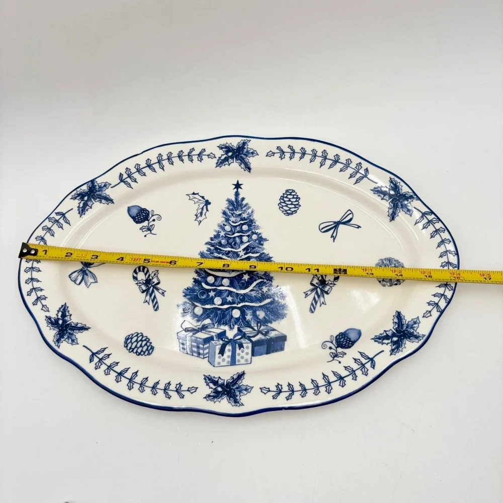 Potters Studio Blue White Christmas Tree Serving Platter Holiday Serving Dish
